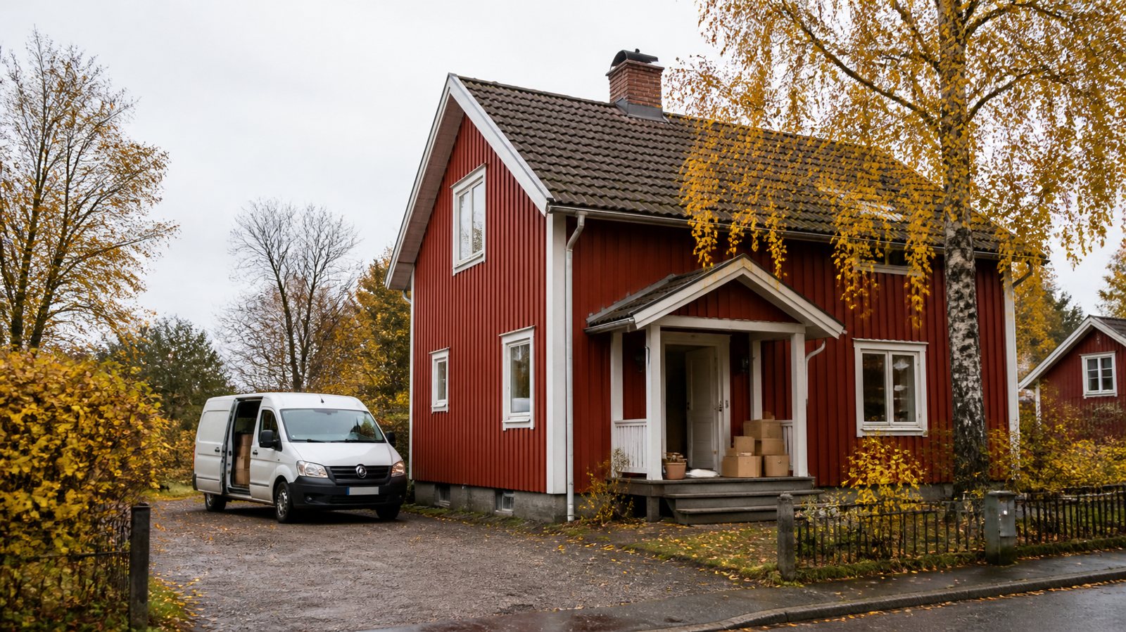 Röd trävilla med vita knutar och flyttkartonger vid entrén en höstdag i Sverige