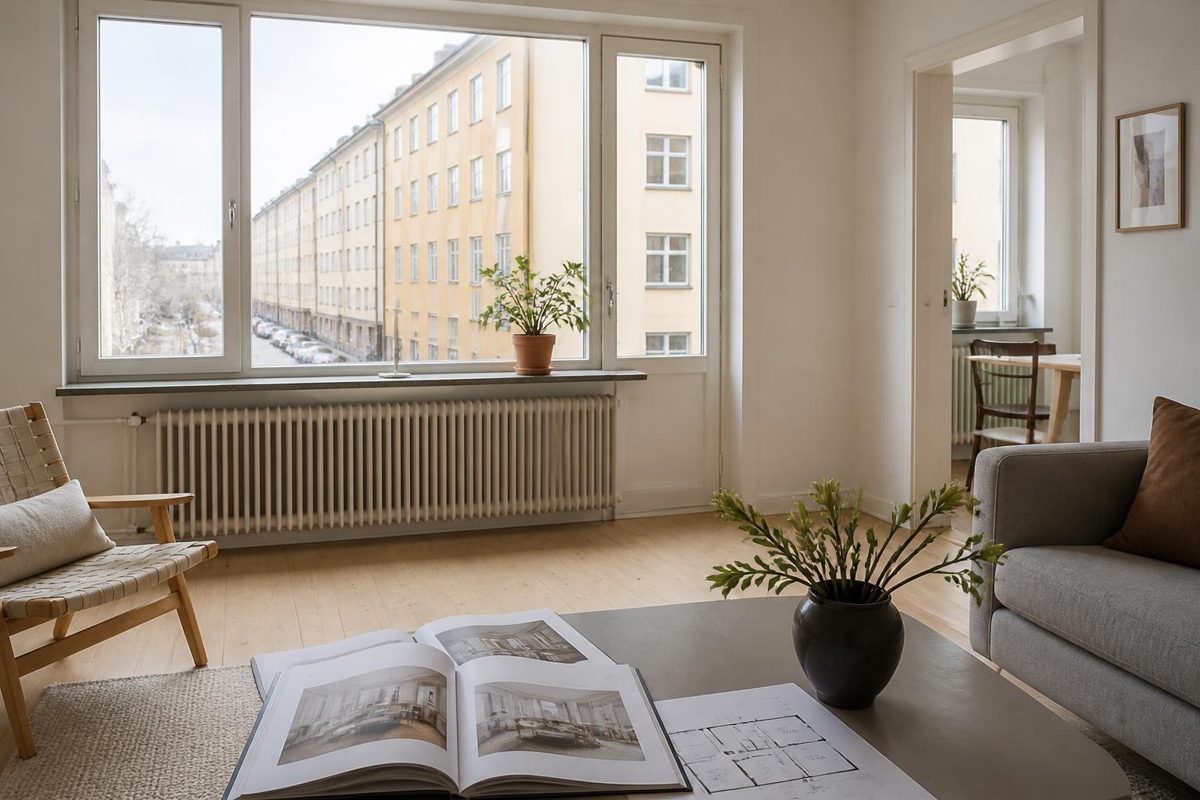 Ljust vardagsrum i svensk lägenhet med utsikt mot gula flerbostadshus och ett bostadsprospekt på soffbordet