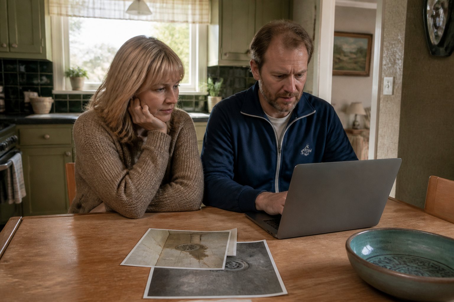 Svenskt par vid köksbordet i en äldre villa skriver en reklamation med foton på vattenskada – reklamation av dolda fel