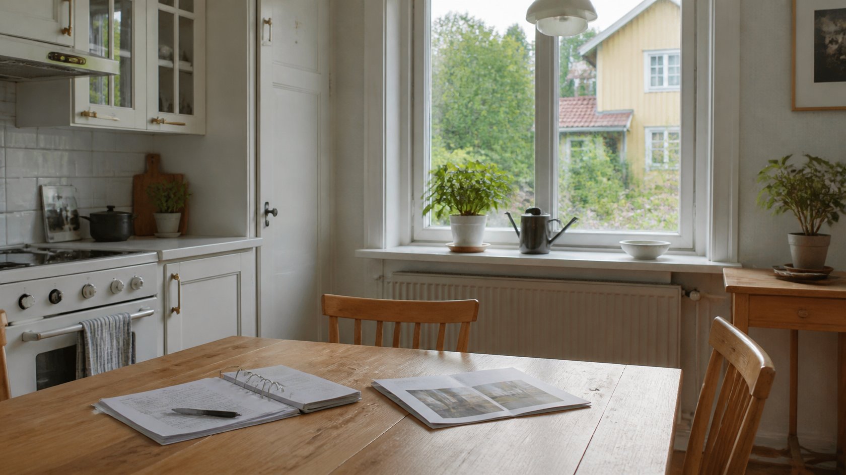 Ljust kök i en äldre svensk villa med husdokument och pärm på köksbordet inför försäljning