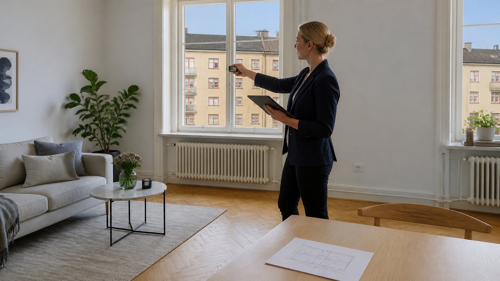 Värderare mäter upp ett ljust vardagsrum med fiskbensparkett i en svensk lägenhet – värdeintyg för bostad